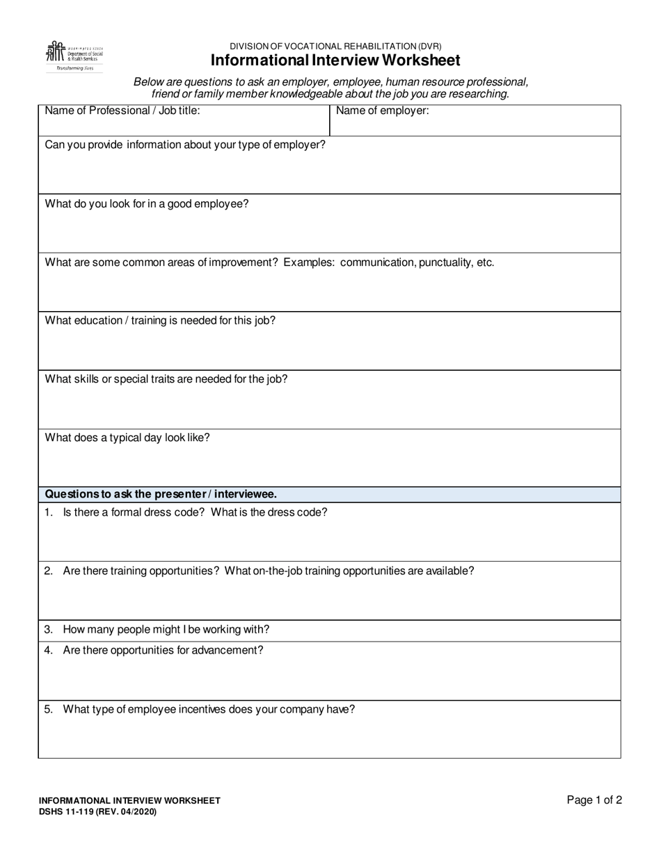 DSHS Form 11-119 Informational Interview Worksheet - Washington, Page 1