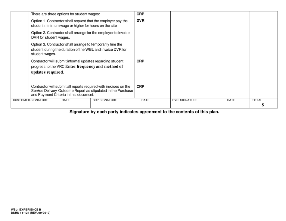DSHS Form 11-124 Service Delivery Outcome Plan: Wbl - Experience B - Washington, Page 2