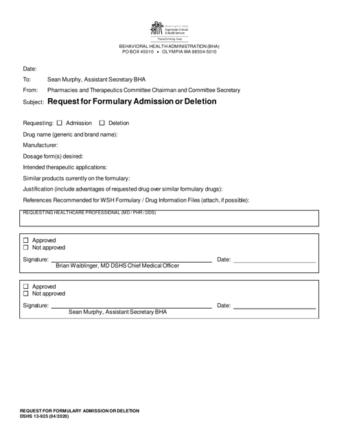 DSHS Form 13-925 Request for Formulary Admission or Deletion - Washington