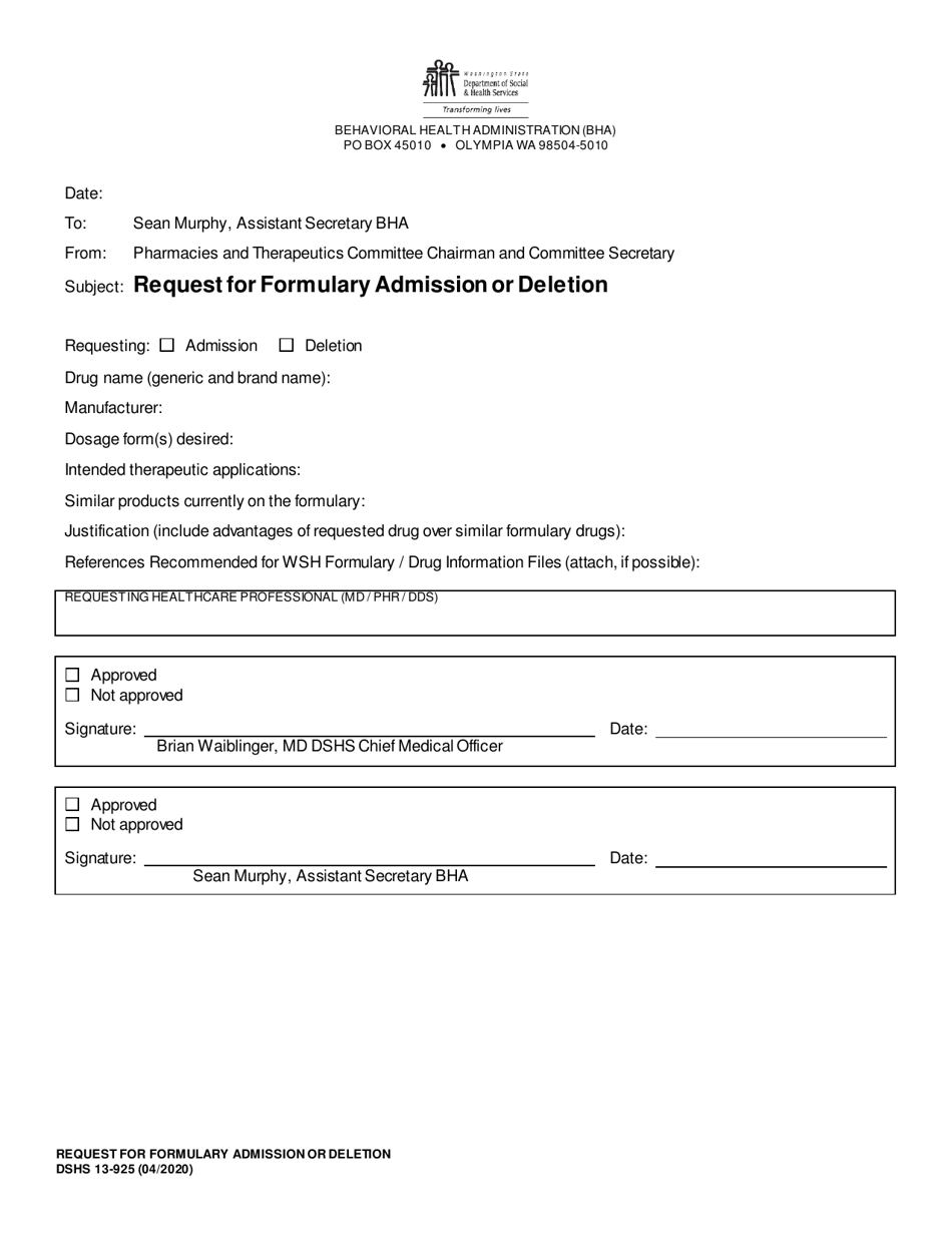 DSHS Form 13-925 Request for Formulary Admission or Deletion - Washington, Page 1