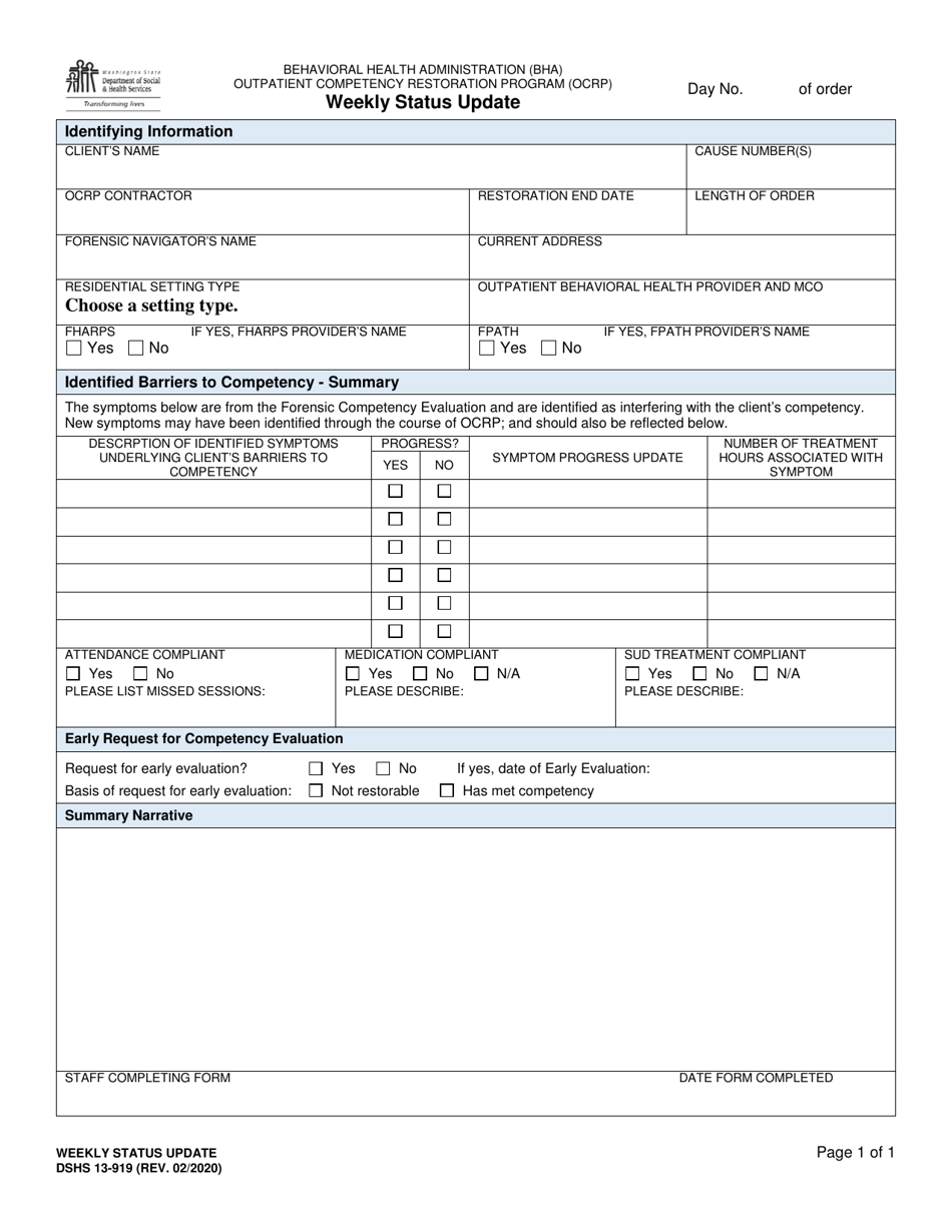 DSHS Form 13-919 Weekly Status Update - Washington, Page 1