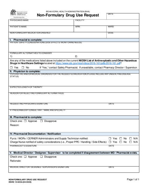 DSHS Form 13-925A Behavioral Health Administration (Bha) Non-formulary Drug Use Request - Washington