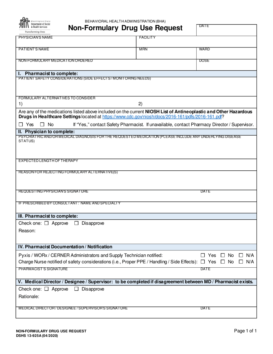 DSHS Form 13-925A Behavioral Health Administration (Bha) Non-formulary Drug Use Request - Washington, Page 1