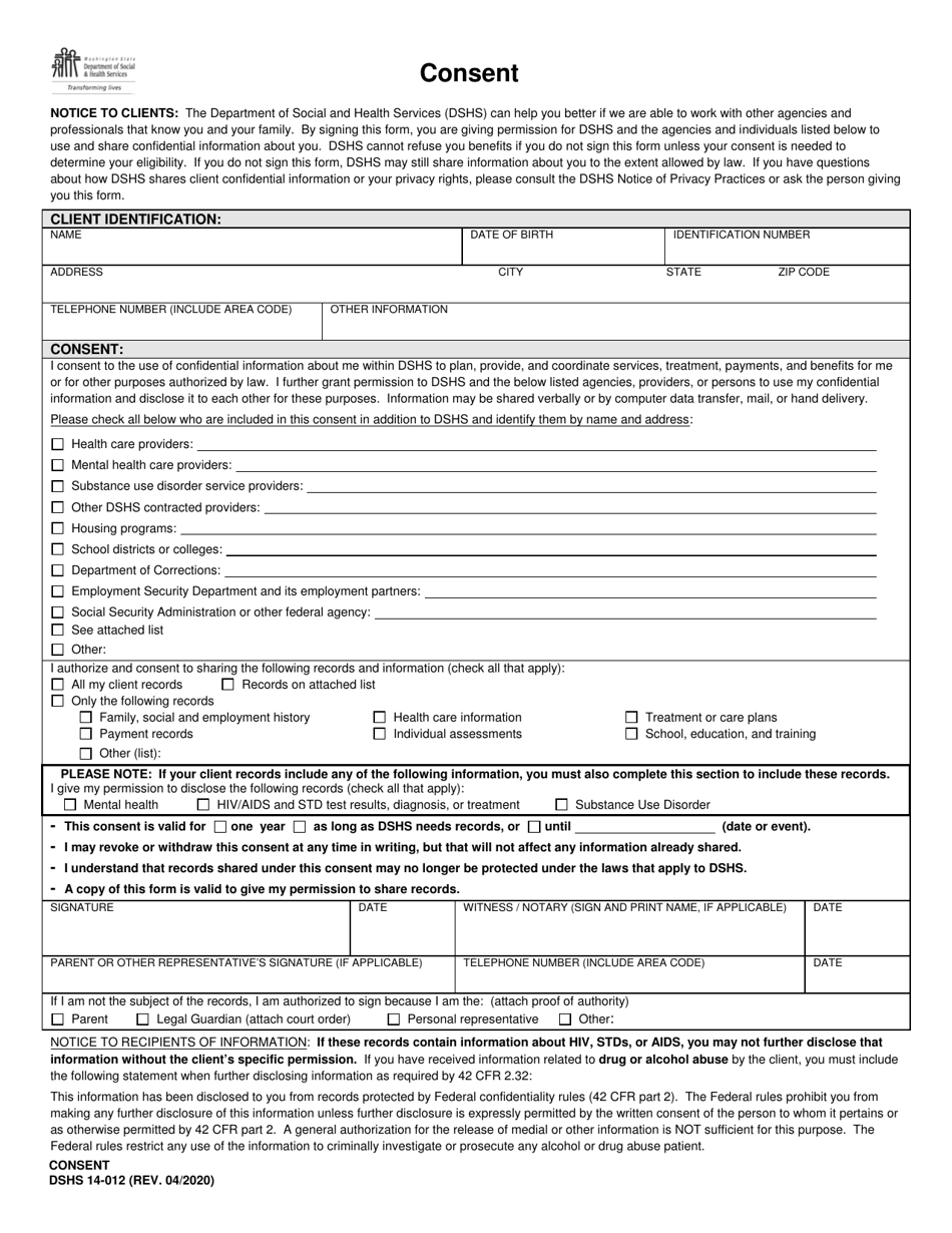 Dshs Form Download Printable Pdf Or Fill Online Consent Washington Templateroller