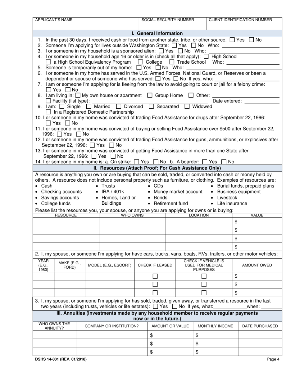 Form 14-001 Application for Cash or Food Assistance - Washington, Page 4