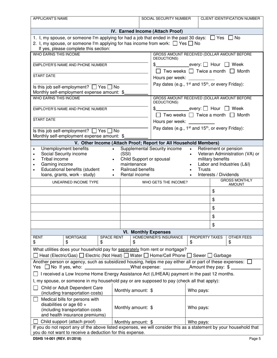 Form 14-001 Application for Cash or Food Assistance - Washington, Page 5