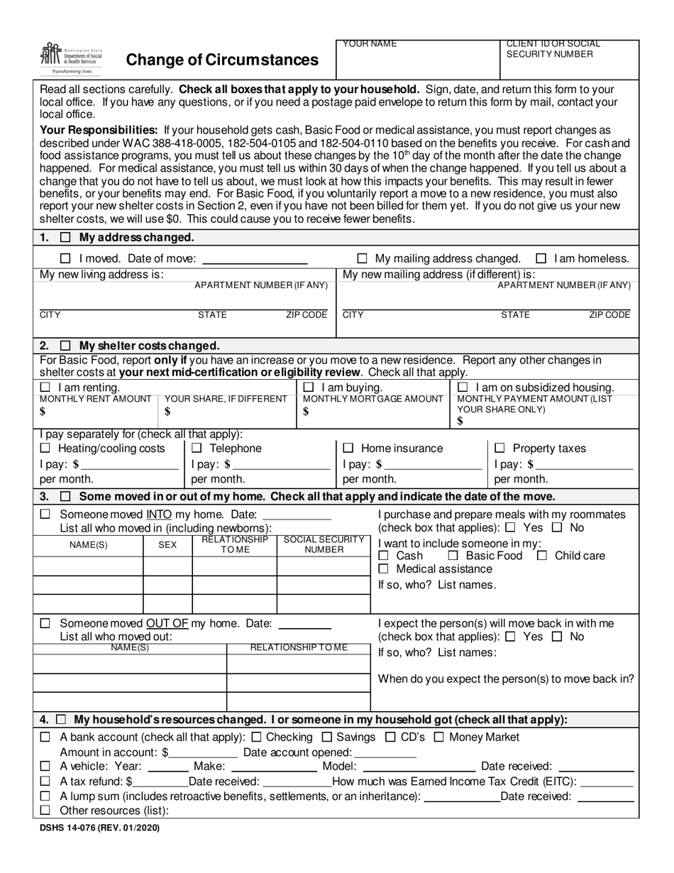 DSHS Form 14076 Download Printable PDF or Fill Online Change of Circumstances Washington