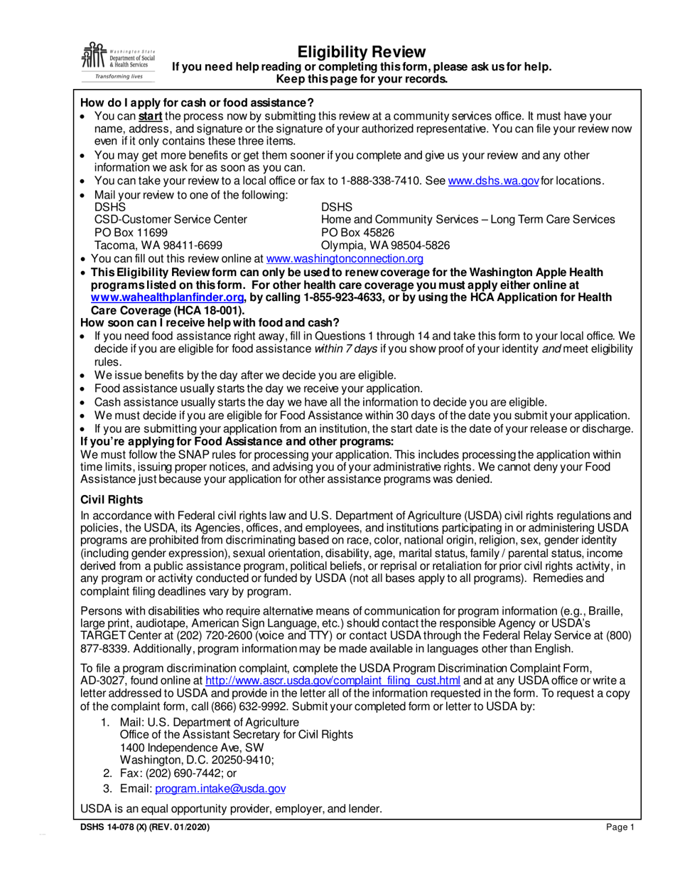 DSHS Form 14078 Fill Out, Sign Online and Download Printable PDF