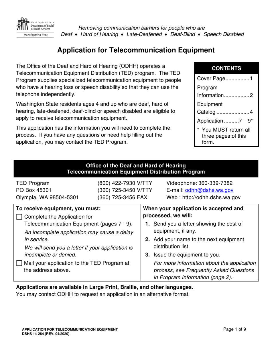 DSHS Form 14-264 Application for Telecommunication Equipment - Washington, Page 1