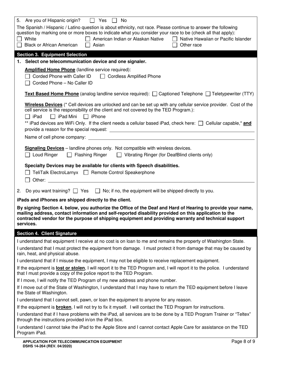 DSHS Form 14-264 Application for Telecommunication Equipment - Washington, Page 8