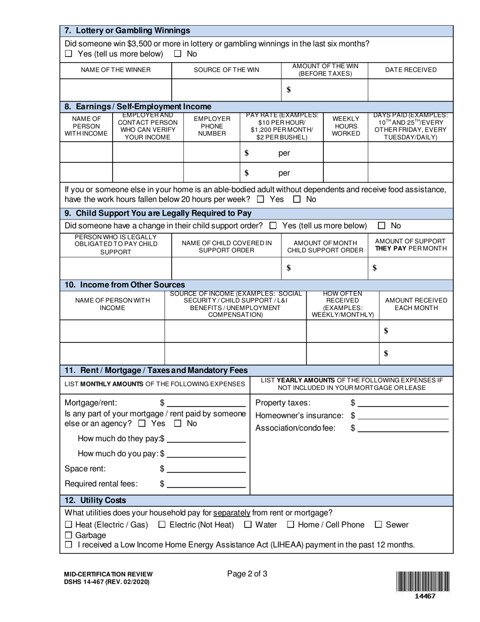 DSHS Form 14-467 Mid-certification Review - Washington, Page 2