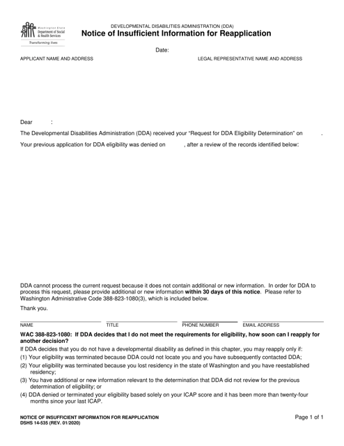 DSHS Form 14-535 Notice of Insufficient Information for Reapplication - Washington