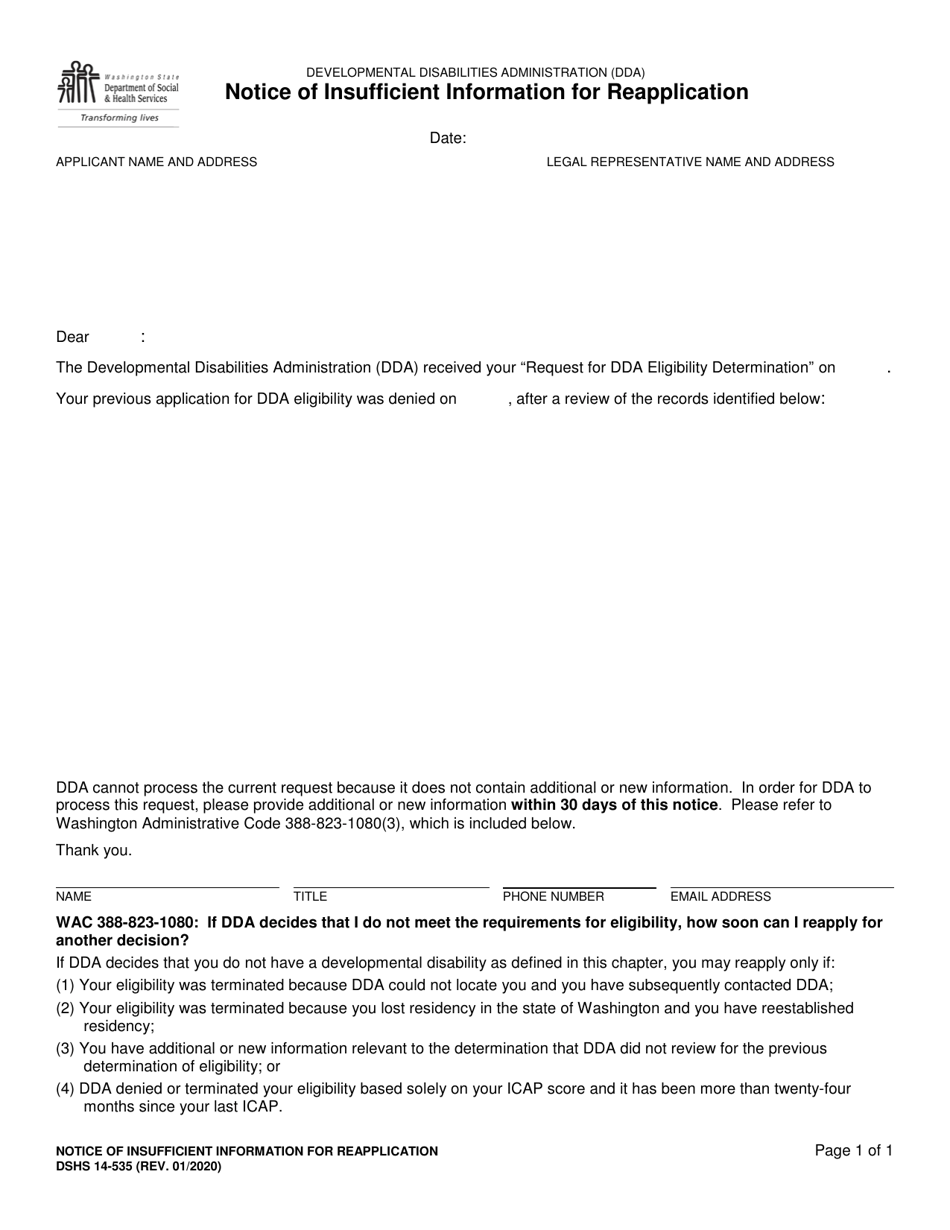 DSHS Form 14-535 Notice of Insufficient Information for Reapplication - Washington, Page 1