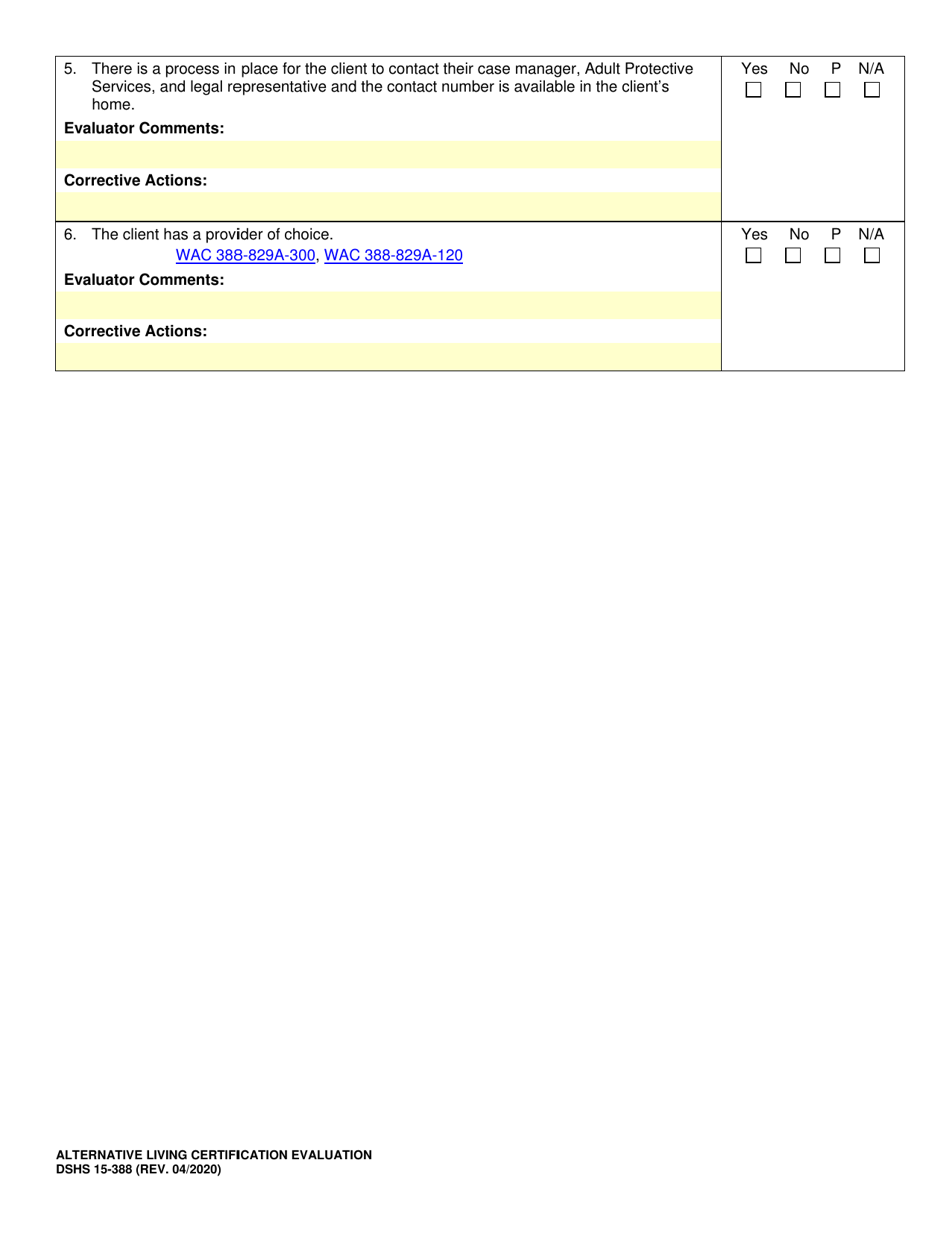 DSHS Form 15-388 Alternative Living Certification Evaluation - Washington, Page 10