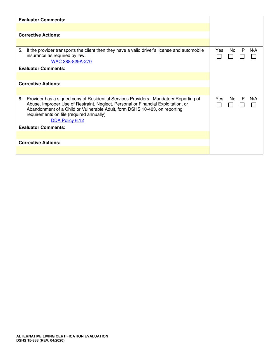 DSHS Form 15-388 Alternative Living Certification Evaluation - Washington, Page 3