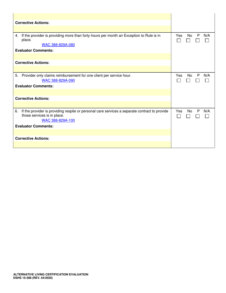 DSHS Form 15-388 Alternative Living Certification Evaluation - Washington, Page 5