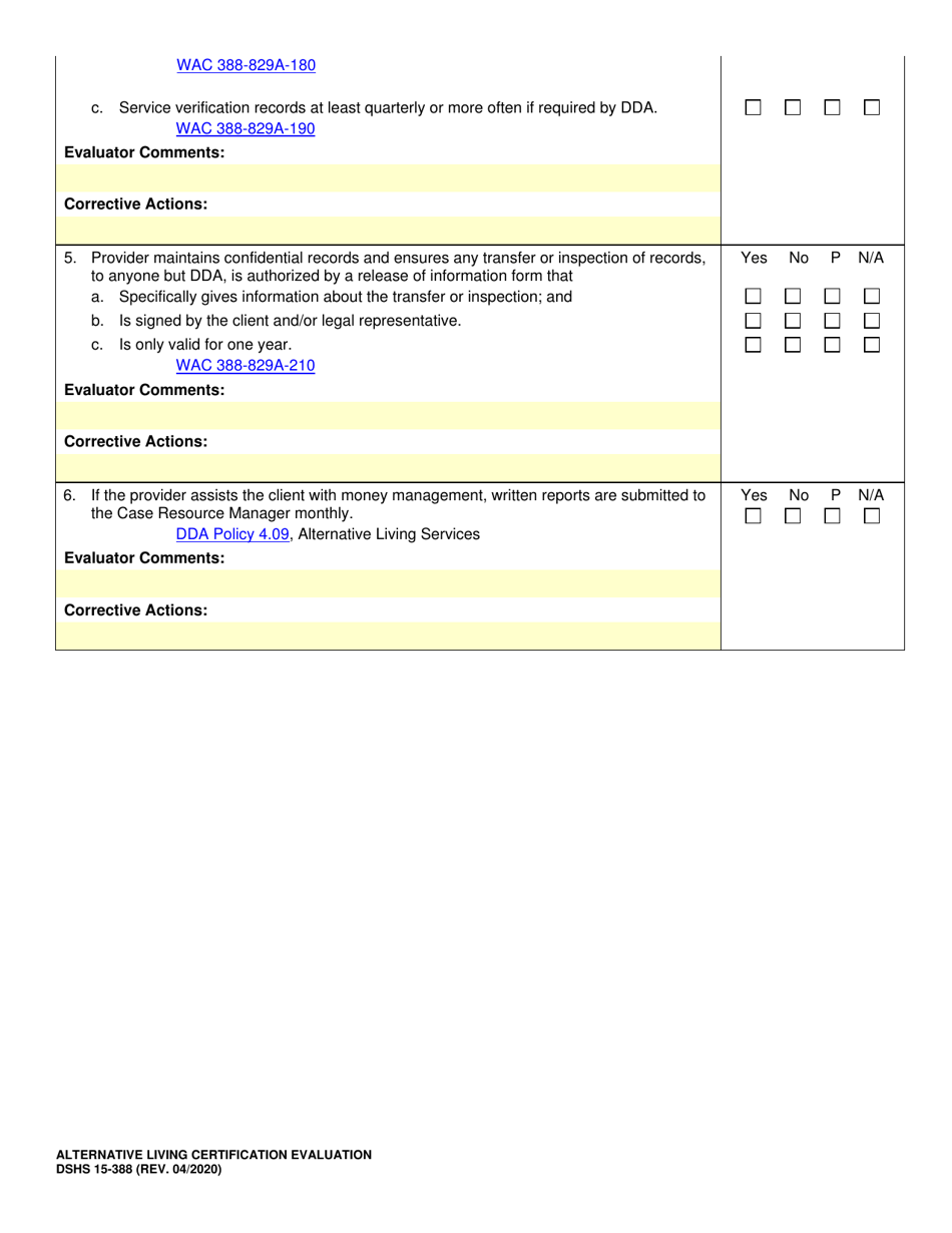 DSHS Form 15-388 Alternative Living Certification Evaluation - Washington, Page 7