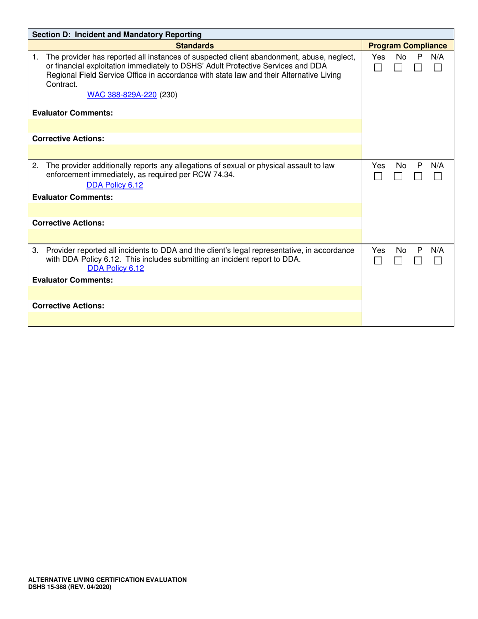 DSHS Form 15-388 Alternative Living Certification Evaluation - Washington, Page 8