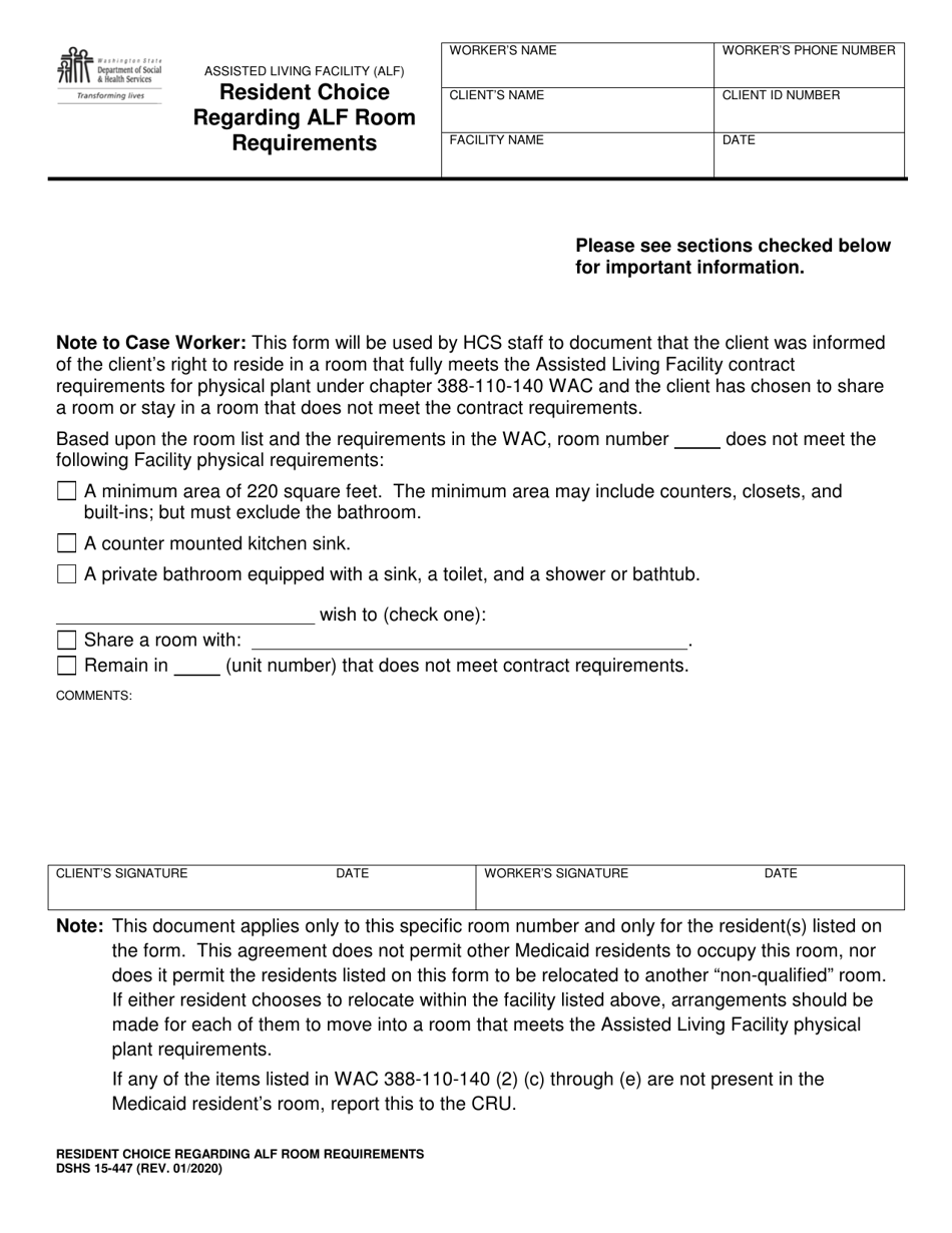 DSHS Form 15-447 Resident Choice Regarding Alf Room Requirements - Washington, Page 1