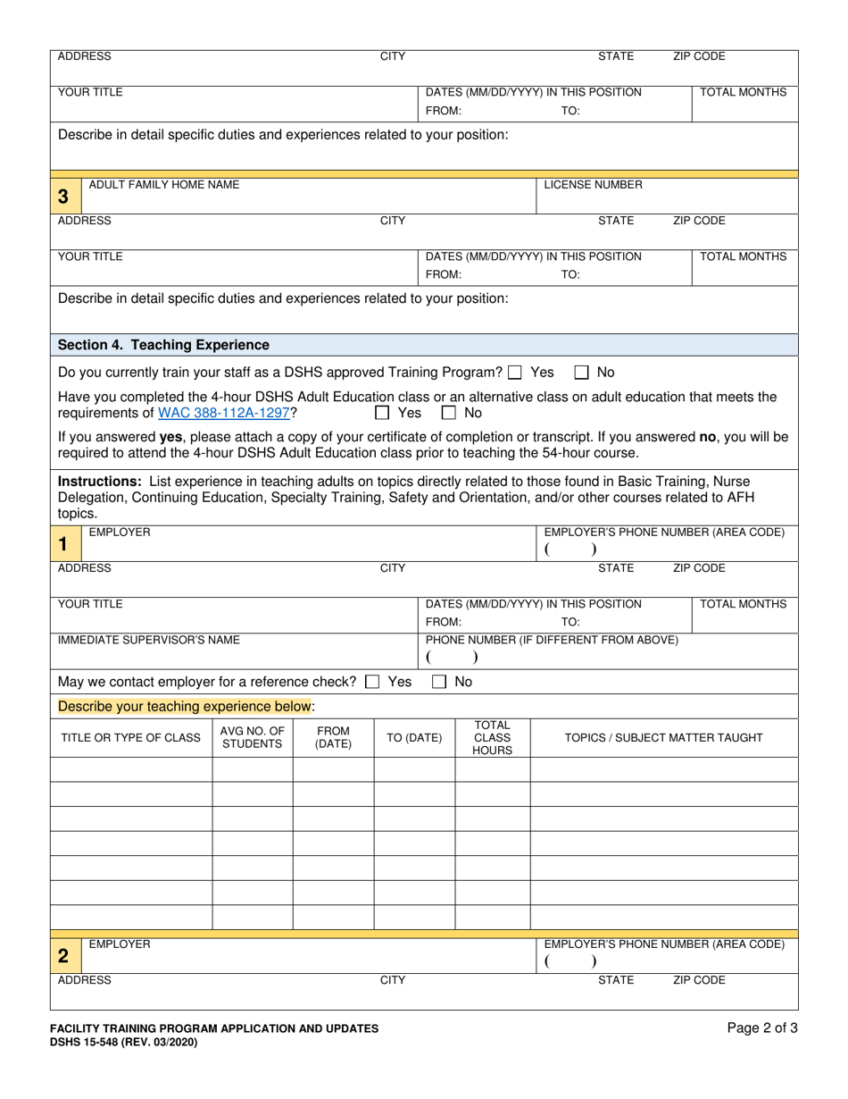 DSHS Form 15-548 Adult Family Home (Afh) Administrator Training Instructor Application - Washington, Page 2