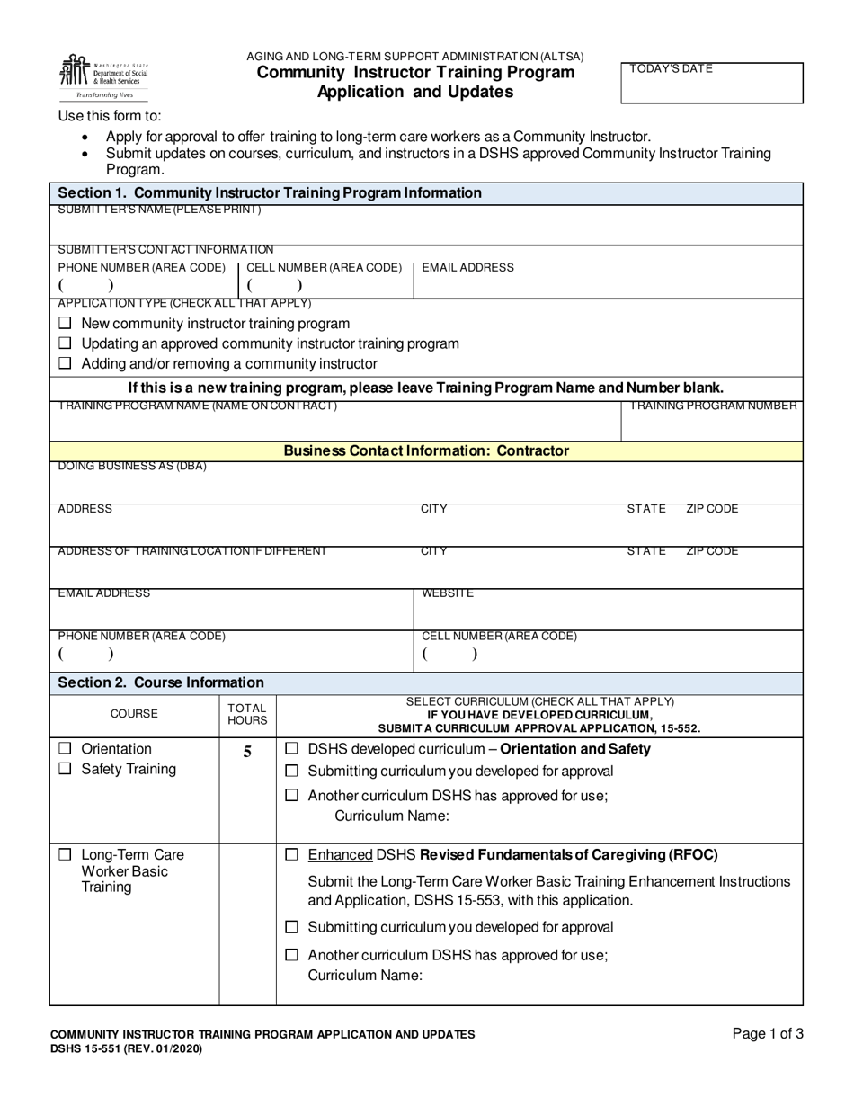 DSHS Form 15-551 Community Instructor Training Program Application and Updates - Washington, Page 1