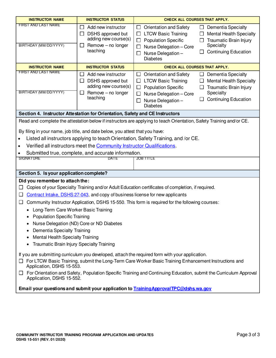 DSHS Form 15-551 Community Instructor Training Program Application and Updates - Washington, Page 3