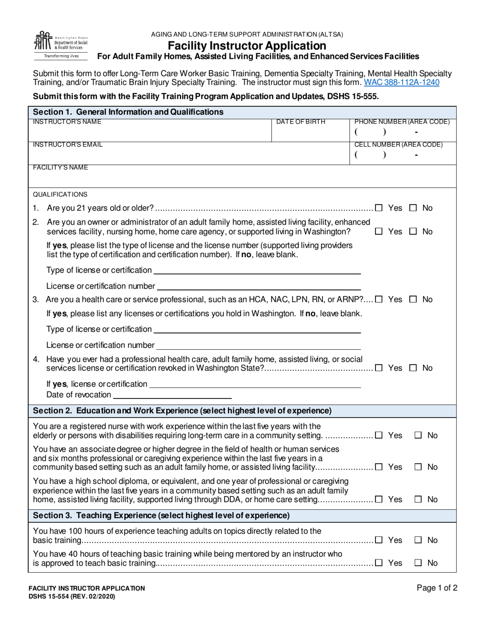 DSHS Form 15-554 Facility Instructor Application for Adult Family Homes, Assisted Living Facilities, and Enhanced Services Facilities - Washington, Page 1