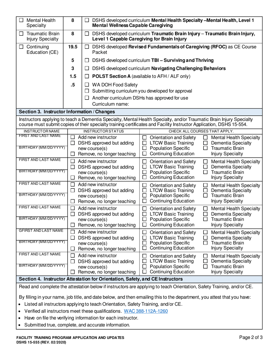 DSHS Form 15-555 Facility Training Program Application and Updates - Washington, Page 2