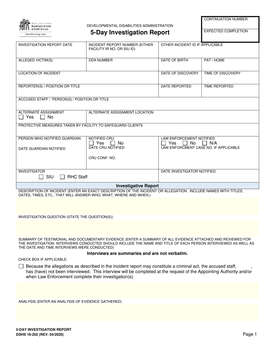 DSHS Form 16-202 5-day Investigation Report - Washington, Page 1