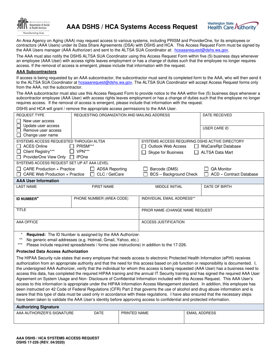 DSHS Form 17-226 - Fill Out, Sign Online and Download Printable PDF ...