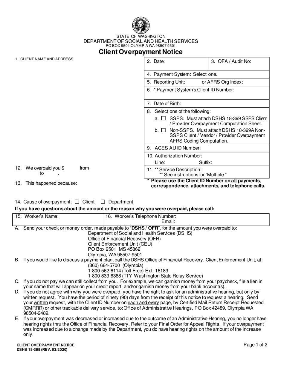 Dshs Form 18 398 Download Printable Pdf Or Fill Online Client Overpayment Notice Washington Templateroller