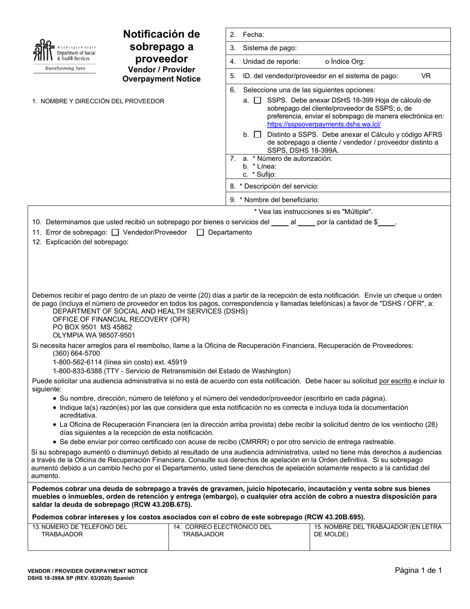 DSHS Formulario 18-398A Notificacion De Sobrepago a Proveedor - Washington (Spanish), Page 1