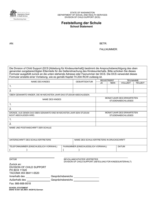 DSHS Form 18-551 School Statement - Washington (German)