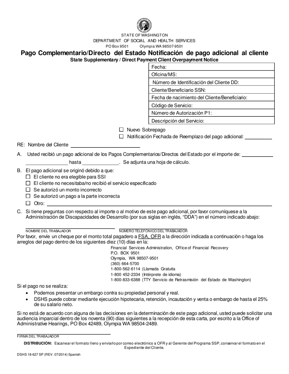DSHS Formulario 18-627 Pago Complementario / Directo Del Estado Notificacion De Pago Adicional Al Cliente - Washington (Spanish), Page 1