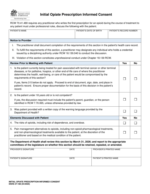 DSHS Form 27-188 Initial Opiate Prescription Informed Consent - Washington