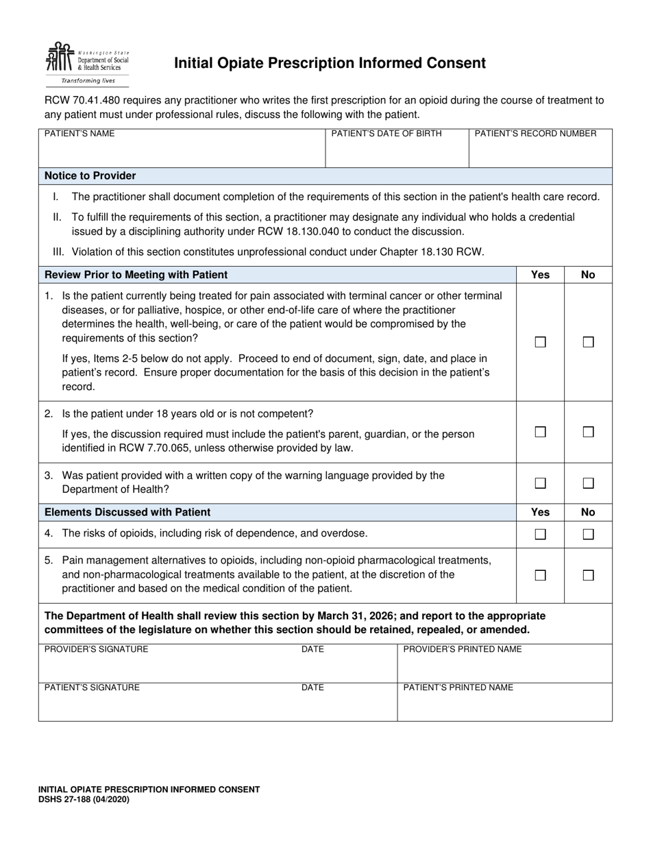DSHS Form 27-188 Initial Opiate Prescription Informed Consent - Washington, Page 1