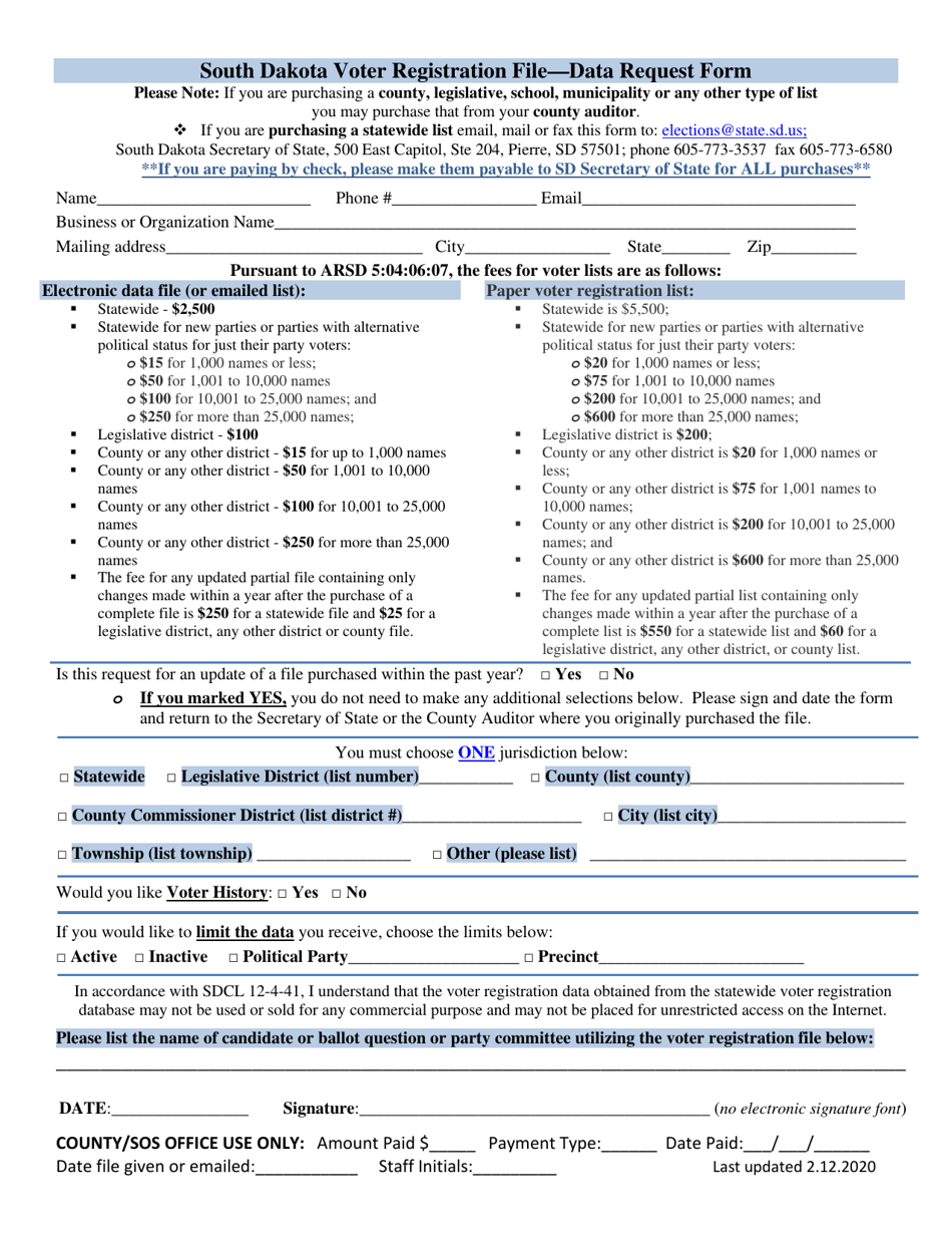 South Dakota Voter Registration File - Data Request Form - South Dakota, Page 1