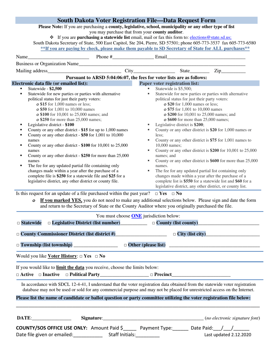 South Dakota South Dakota Voter Registration File Data Request Form