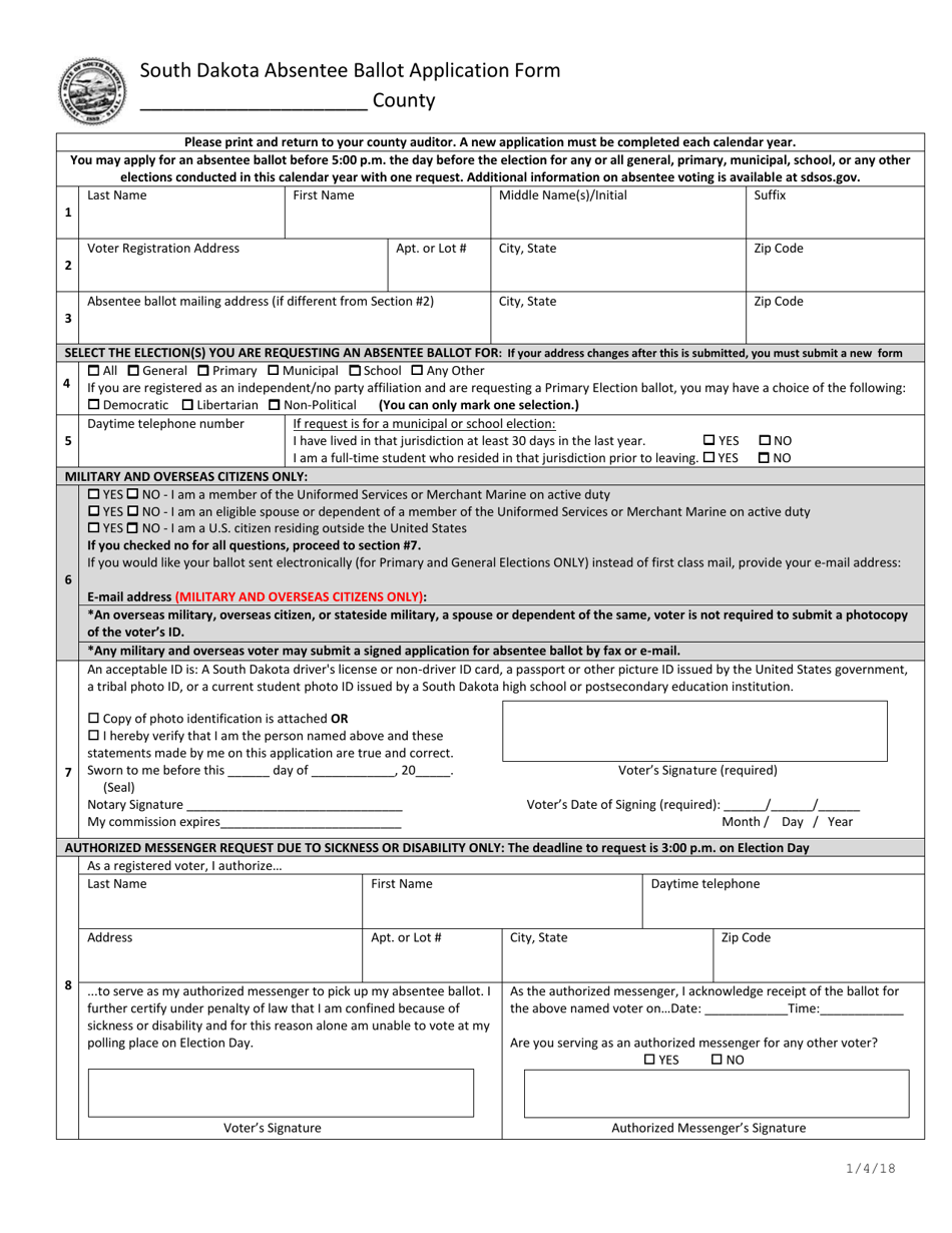 South Dakota Absentee Ballot Application Form - South Dakota, Page 1
