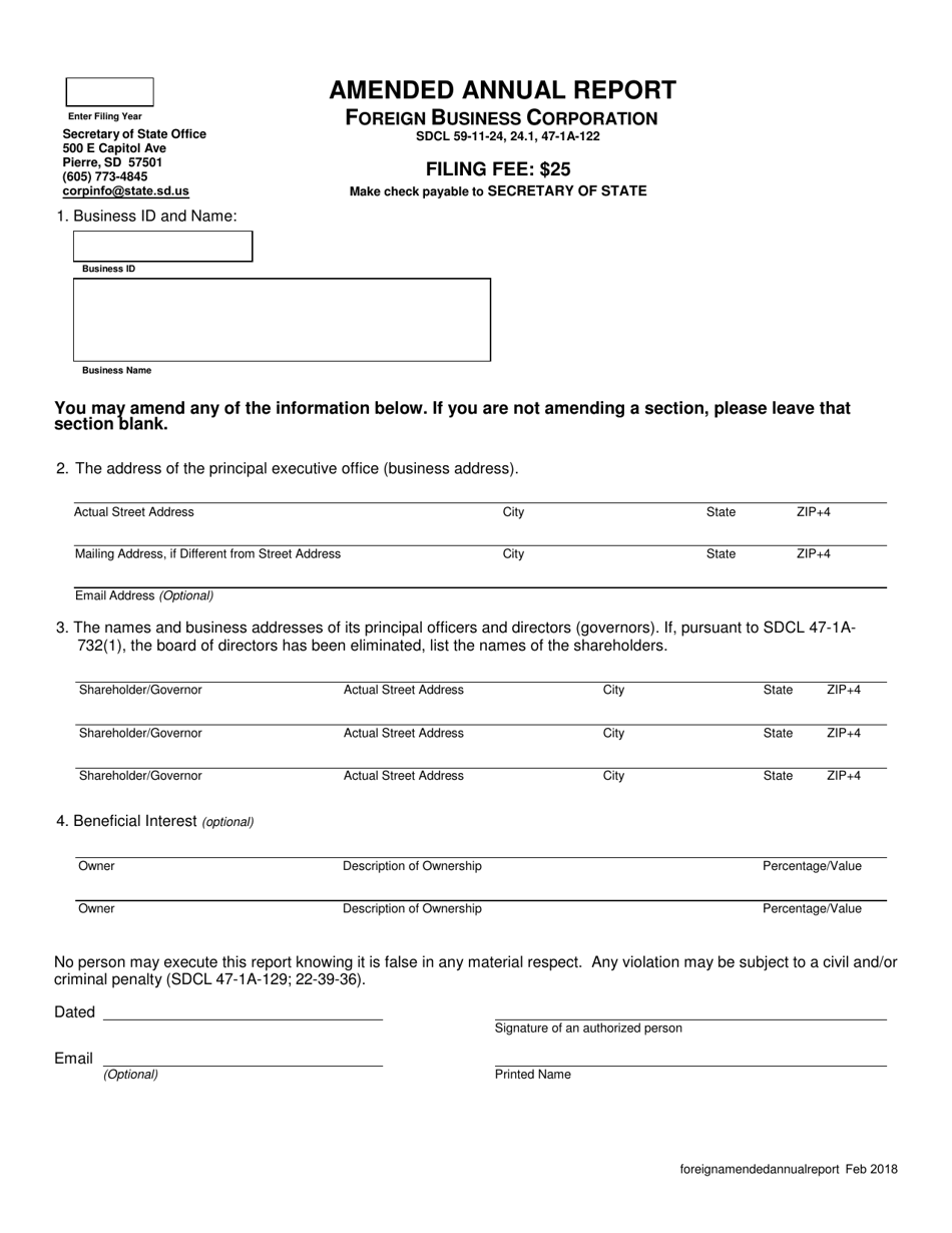 Amended Annual Report - Foreign Business Corporation - South Dakota, Page 1