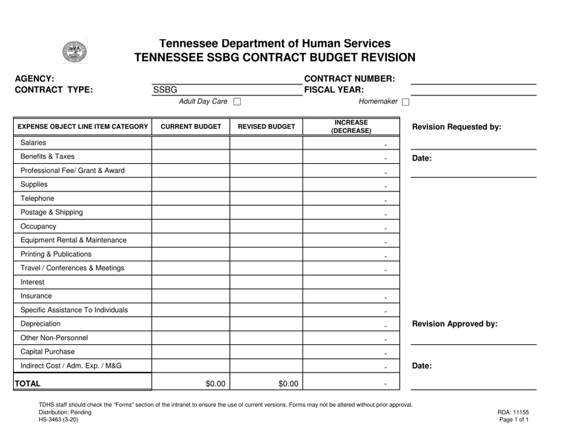Form HS-3463 Tennessee Ssbg Contract Budget Revision - Tennessee