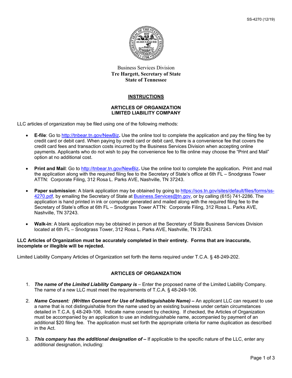 Form SS-4270 Articles of Organization Limited Liability Company - Tennessee, Page 1