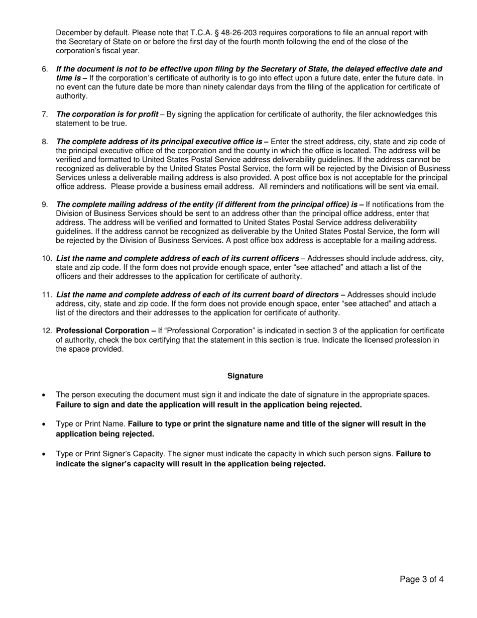 Form SS-4431 Application for Certificate of Authority for-Profit Corporation - Tennessee, Page 3