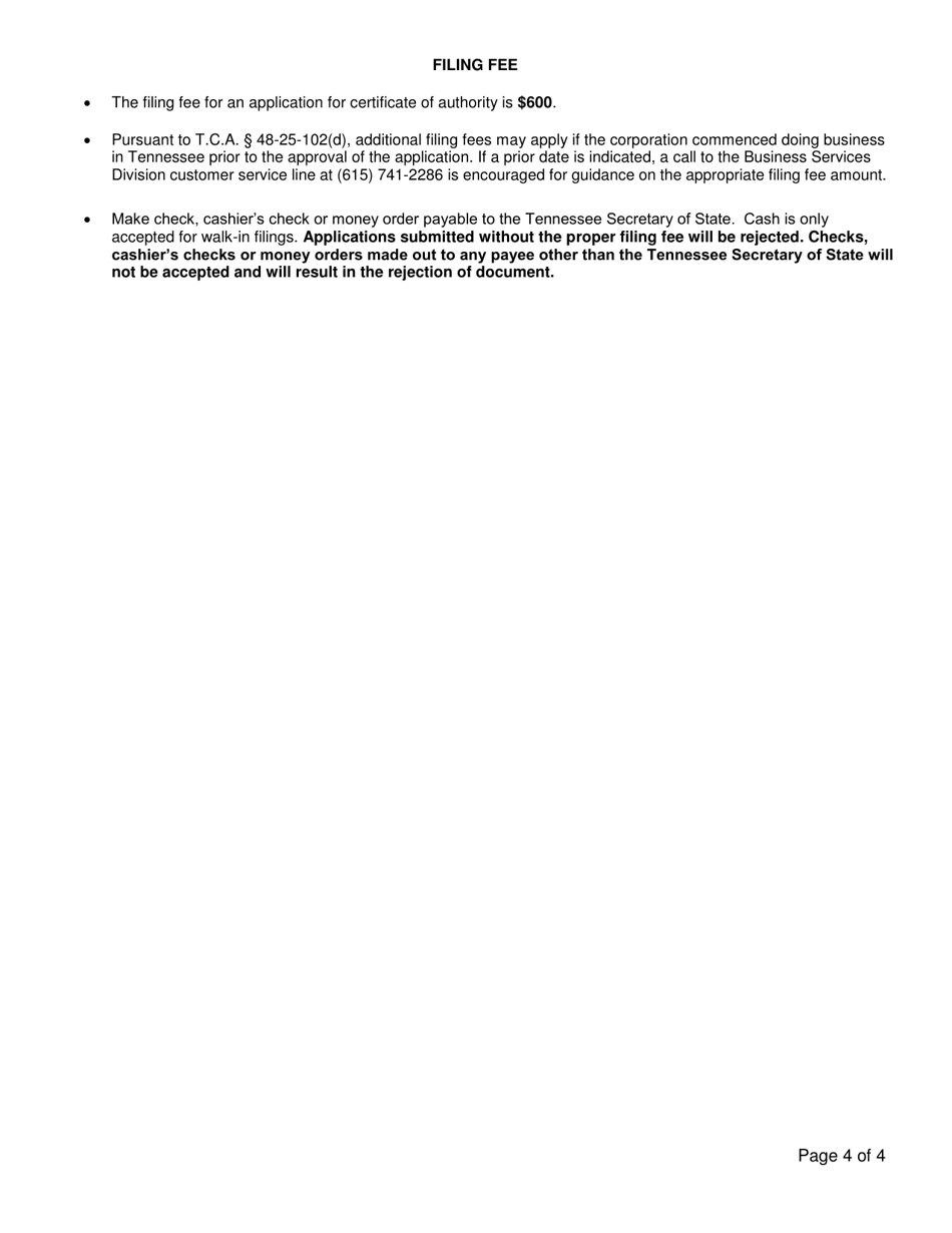Form SS-4431 Application for Certificate of Authority for-Profit Corporation - Tennessee, Page 4