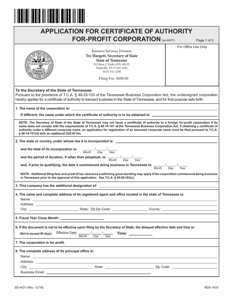 Form SS-4431 Application for Certificate of Authority for-Profit Corporation - Tennessee, Page 5