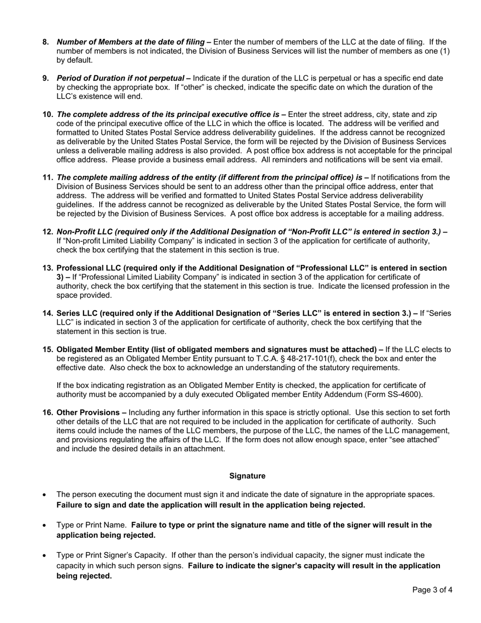 Form SS-4233 Application for Certificate of Authority Limited Liability Company - Tennessee, Page 3