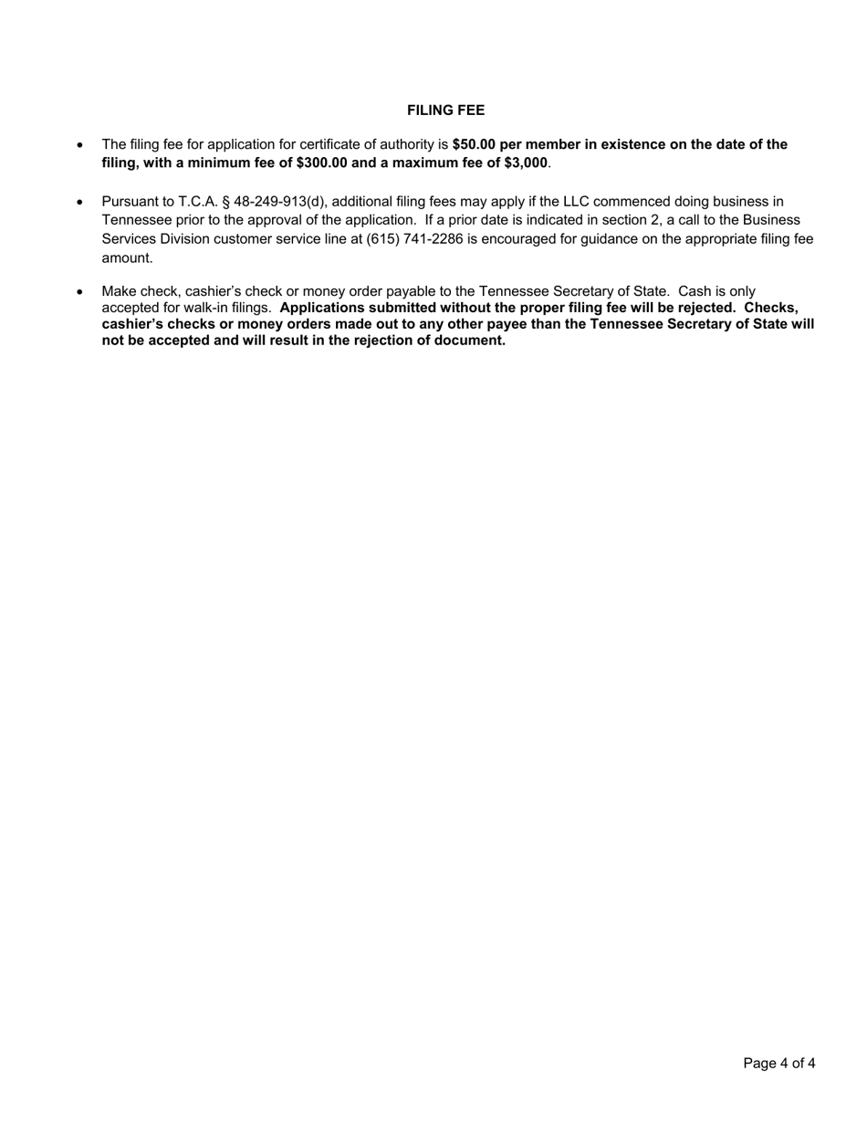 Form SS-4233 Application for Certificate of Authority Limited Liability Company - Tennessee, Page 4