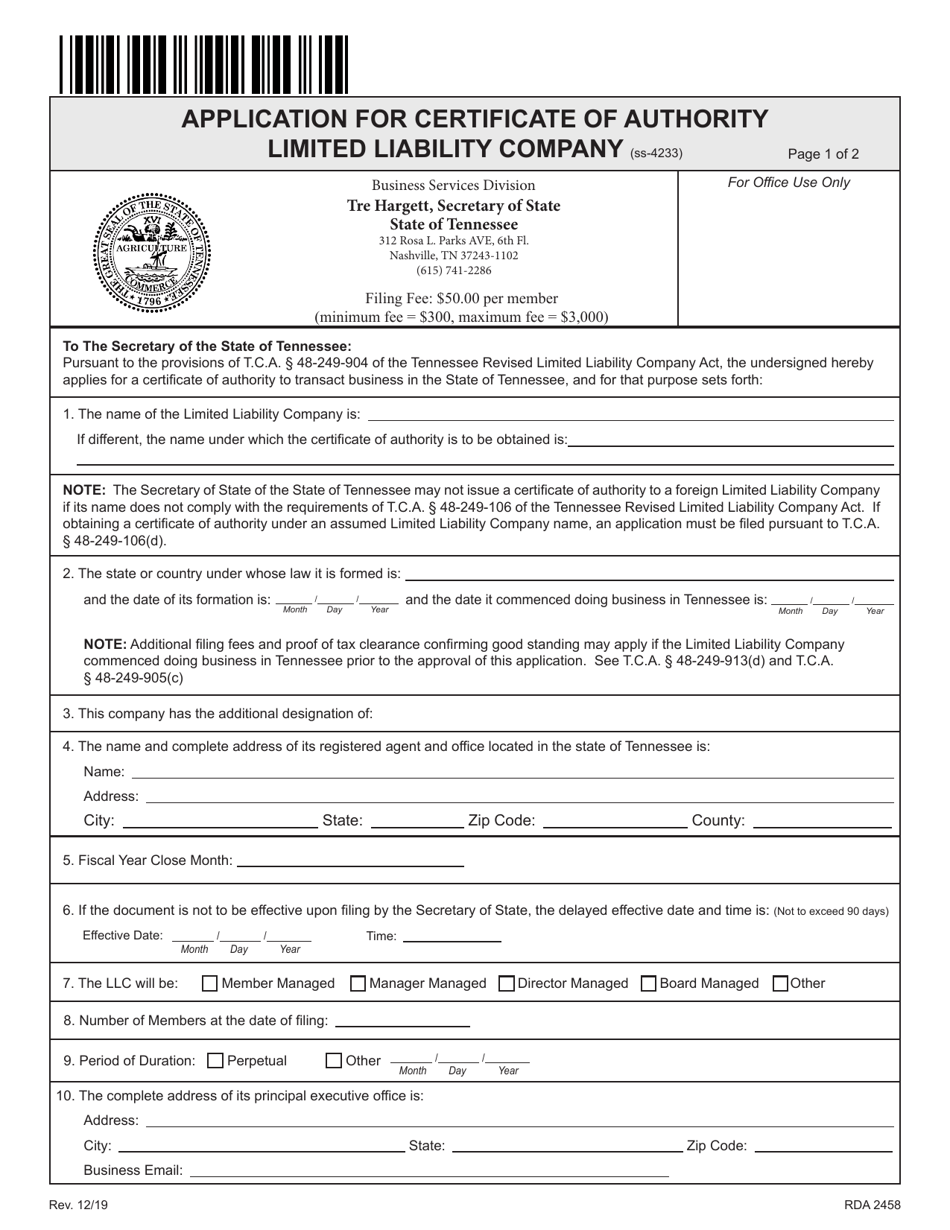 Form SS-4233 Application for Certificate of Authority Limited Liability Company - Tennessee, Page 5