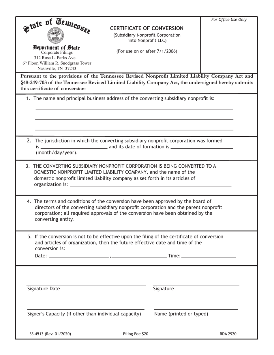 Form SS-4513 Certificate of Conversion (Subsidiary Nonprofit Corporation Into Nonprofit LLC) - Tennessee, Page 1