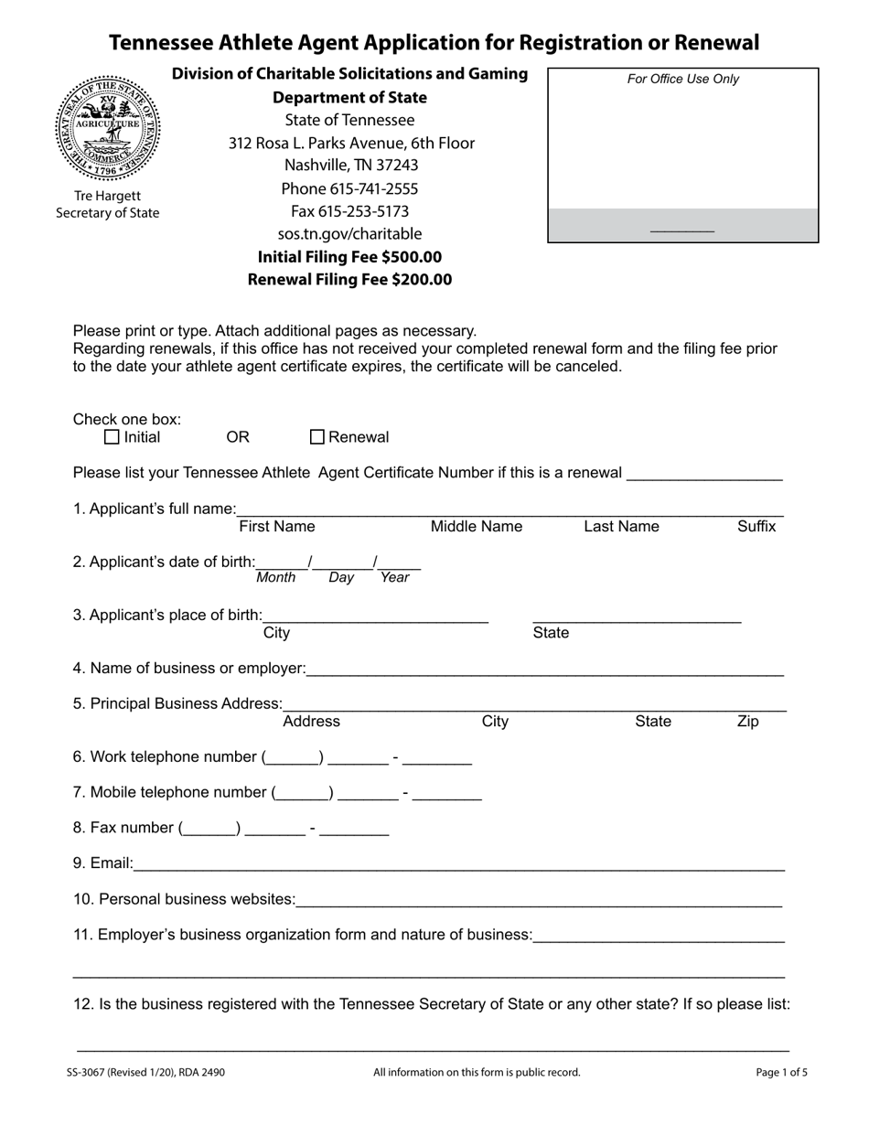 Form SS-3067 Tennessee Athlete Agent Application for Registration or Renewal - Tennessee, Page 1